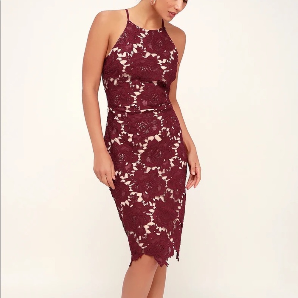 Temps De L'Amour Burgundy Lace Bodycon Dress